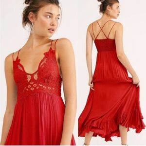 Free People Dres XS Adella Maxi Slip Boho Crochet Lace Red Summer Cottage NEW
